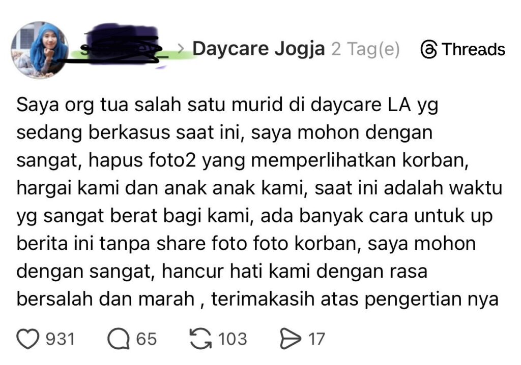 Screenshot permintaan orang tua korban daycare